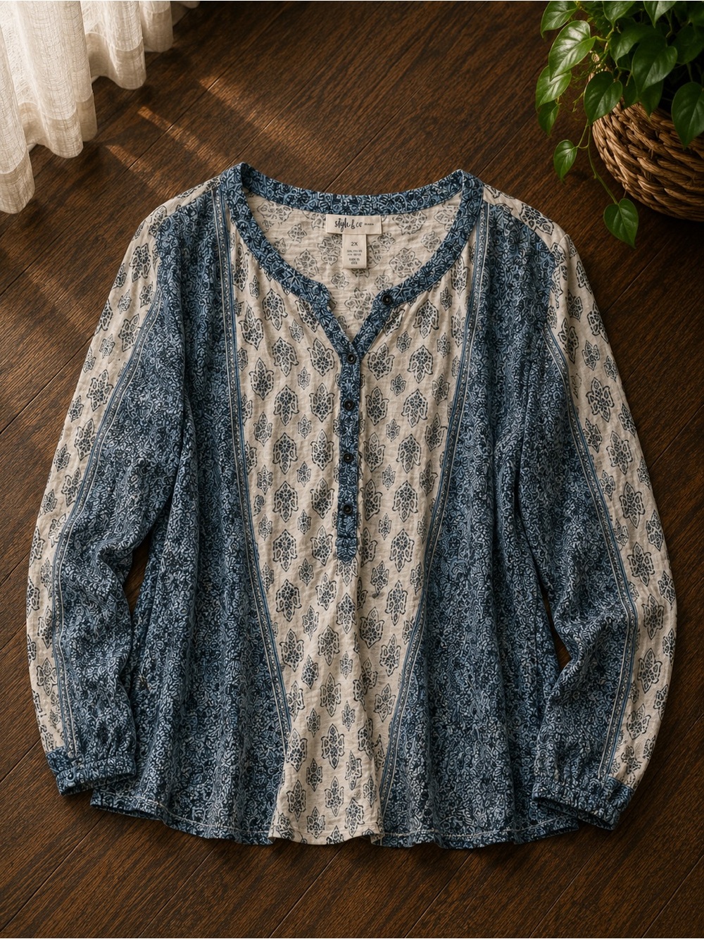Style & Co Woman 2X Boho Printed Henley Tunic Top